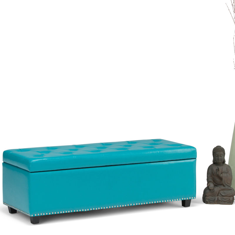 Mediterranean Blue Tufted Bonded Leather Large Storage Ottoman