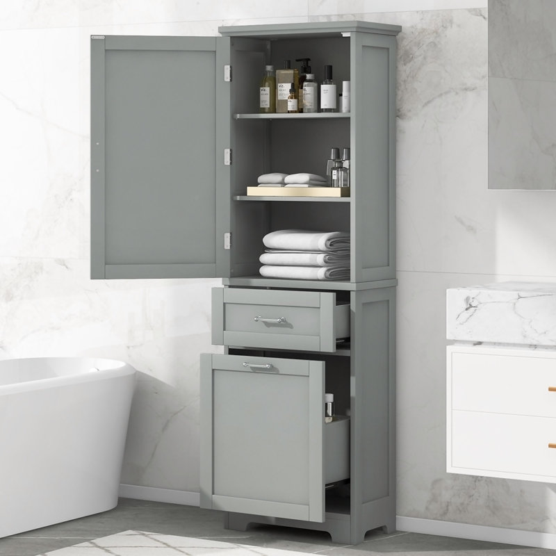 Tall Bathroom Storage Cabinet, Freestanding Storage Cabinet With Two Drawers And Adjustable Shelf, MDF Board With Painted Finish