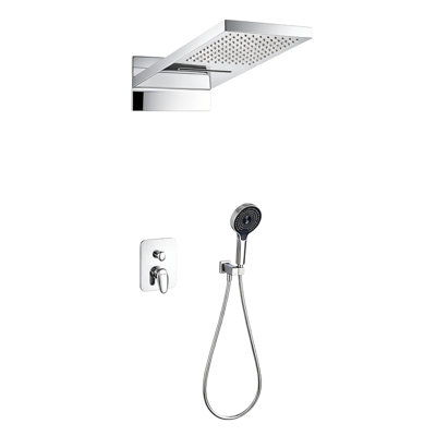 Système de douche encastré en chrome poli 0Ontz, ensemble de douche mural à 2 fonctions en laiton massif avec grande douche carrée à pluie et cascade, douche à main à 4 jets, ensemble de garniture de mélangeur d'eau chaude et froide à deux poignées pour la salle de bain