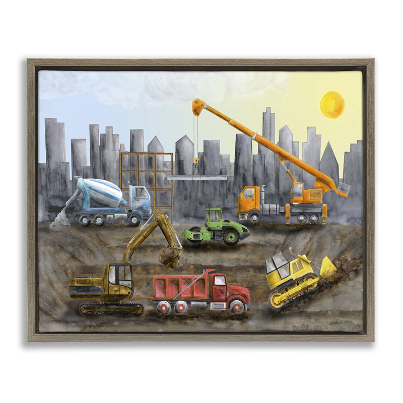  "Construction Camions Skyline" par Brett Blumenthal, H 25 po x l 31 po, Cadre flottant orme Montalcino