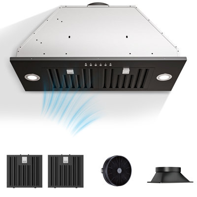 36 inch 900 CFM Convertible Insert Range Hood 4 Speed Quiet Black Stainless Steel Panel Push Button Control with LED Lights