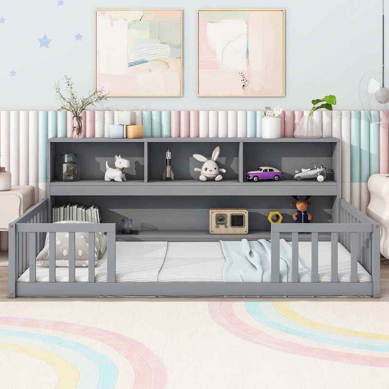 Full Floor Bed With Side Bookcase,Shelves,Guardrails, Gray, Twin