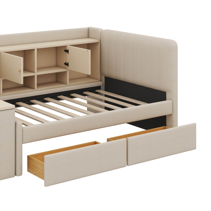 Lit de jour simple rembourré en tissu avec tiroirs, étagères, armoires rabattables et table d'appoint attenante, Beige