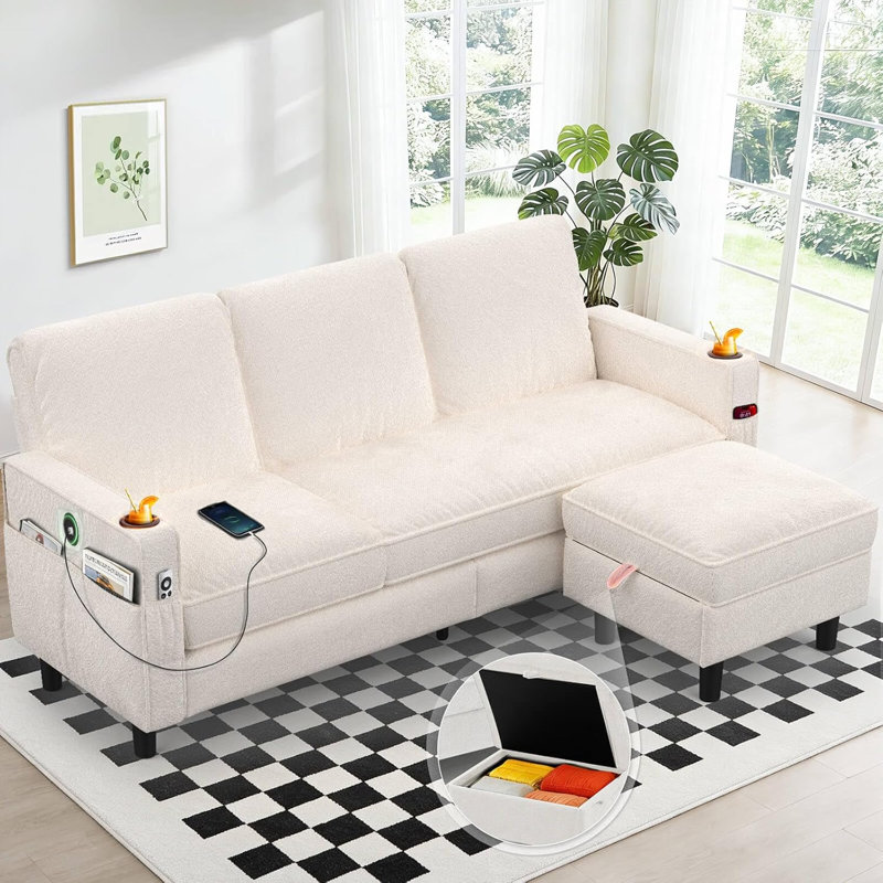 3-Seater Sofa with Storage Footstool and 2 Cup Holders, L-shaped Lounge Chair Sofa with USB Charging Port, Small Corner Sofa in the Living Room