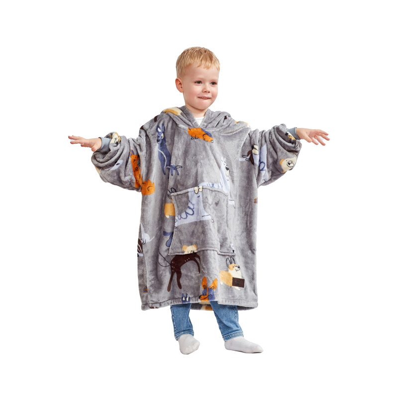 Sweat à capuche surdimensionné pour les enfants de 4 à 12 ans, molleton avec grande poche, Chien gris