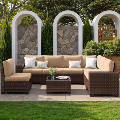  7 - Person Wicker Outdoor Modular Sectional Seating Group with Cushions