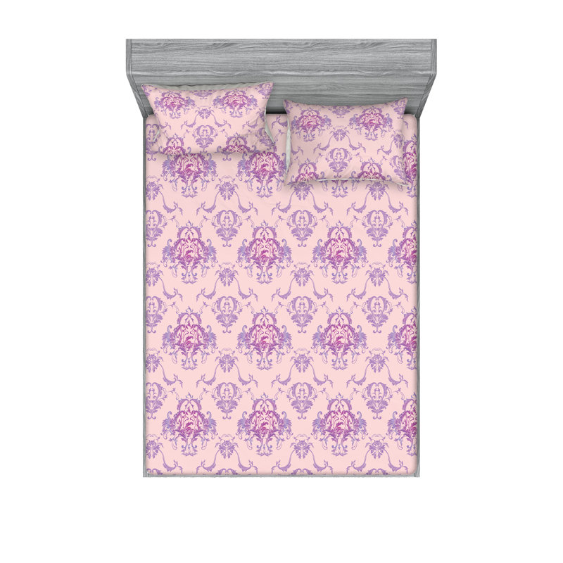 Ambesonne Fitted Sheet & Shams, Queen Sheet Set with 2 Pillowcases, Pale Pink/Violet Floral