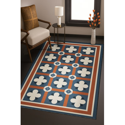 Tapis bleu tissé lavable rétro Mosso