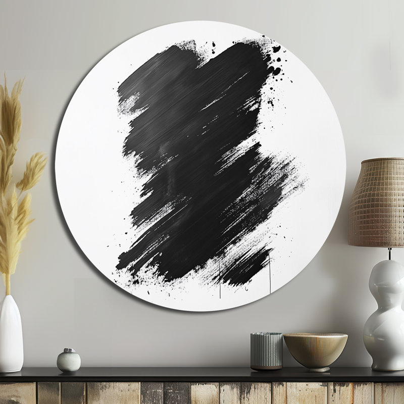 Noir et blanc, coup de pinceau méditation - Minimalisme abstrait, art mural rond en métal, L 16 po x H 16 po