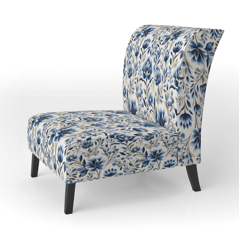 Fauteuil de chambre bleu et blanc damassé I - rembourré Cottage