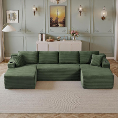 134" Cloud Couch Sectional, Modular Sofa with Cup Holder and Storage Pocket, Corduroy U Shaped Boneless Sofas, Couch in a Box, No Assembly Required, Green Couches for Living Room