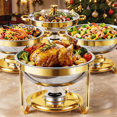 Ensemble de 4 chauffe-plats ronds en acier inoxydable avec couvercles, bacs à eau et porte-combustible - pour la restauration, les réceptions de mariage et les fêtes