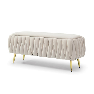 Oval Storage Bench With Gold Legs,Velvet Fabric Upholstered Ottoman Storage Benches For Bedroom End Of Bed,Sherpa Fabric Bench For Living Room,Dining Room,Entryway,Bed Side,Beige,5 Colors