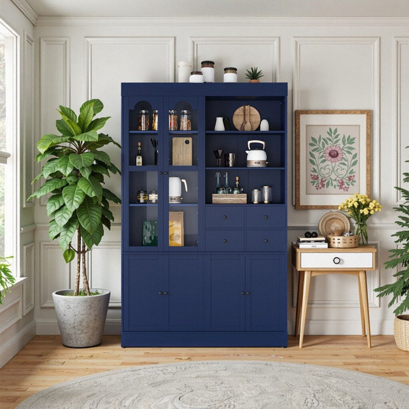 Extra Tall 75" Freestanding Buffet Cabinet With Hutch - Maximized Storage, 4 Drawers & Glass Doors, Blue