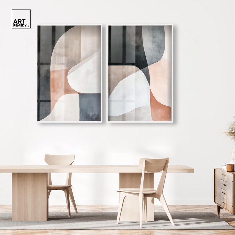 Ensemble d'œuvres d'art abstrait Boho Curved, H 55 po x l 37 po, Cadre blanc