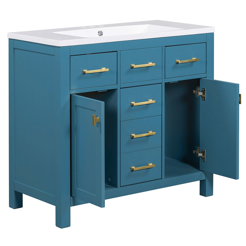 Ensemble de meuble-lavabo 36 po avec lavabo en résine 36 po, armoire de salle de bain simple autoportante moderne avec 4 tiroirs et 2 armoires, meuble de rangement pour la salle de bain, ensemble de meuble-lavabo avec cadre en bois massif (identique à S