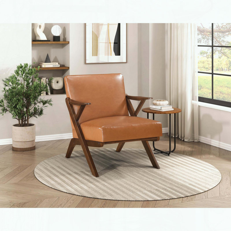 Fauteuil d'appoint en bois d'hévéa massif, similicuir et mousse enveloppée de dacron, Brun, Noyer