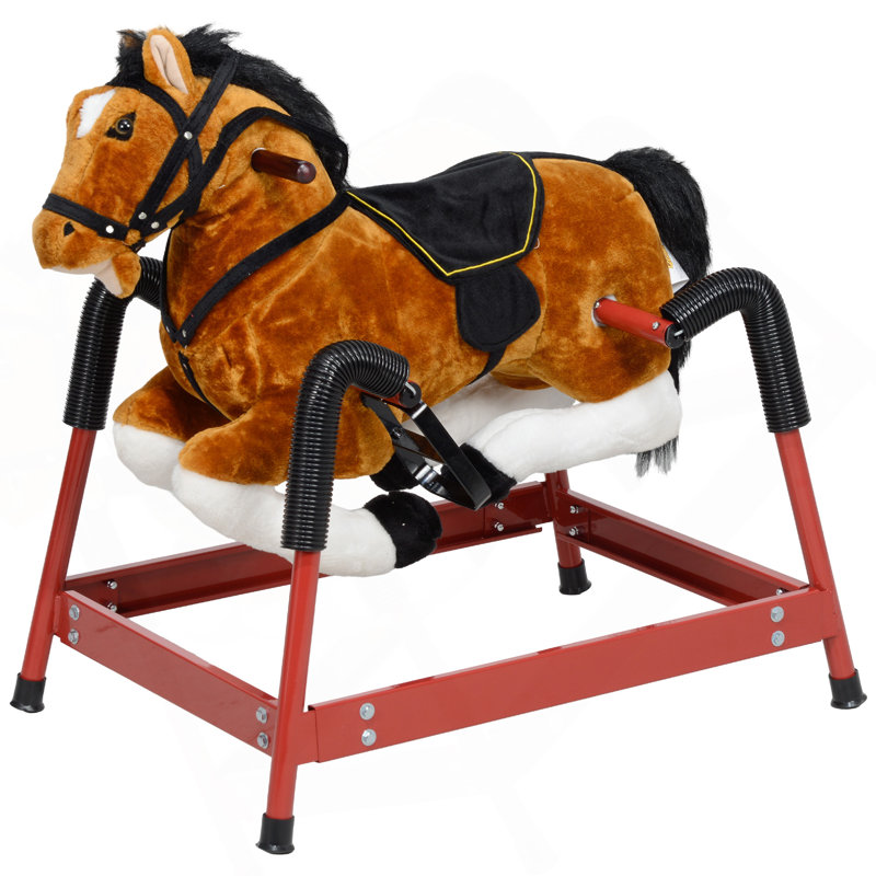 Cheval à bascule Qabo Spring, Kids Ride On Horse, peluche à cheval avec sons et étriers de pieds, selle pour enfants de 3 à 8 ans, brun