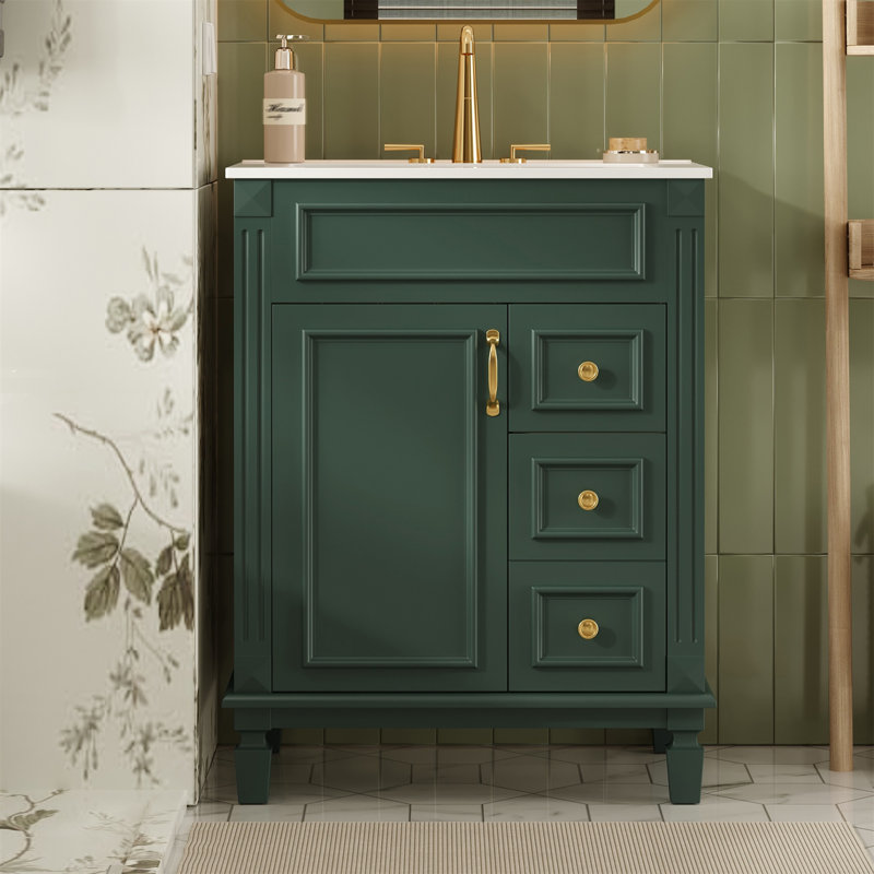 Meuble-lavabo simple autoportant de 24 po de largeur avec comptoir en céramique et armoire à fermeture en douceur, Vert