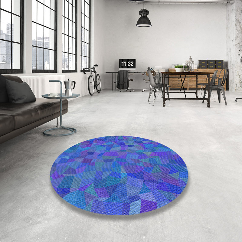 Tapis bleu/gris/rose à motifs, Rond 5 pi