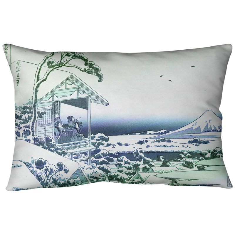 Coussin lombaire Tea House at Koishikawa, Vert / dégradé bleu, Simili suède