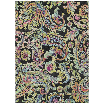 5' X 8' Black And Artichoke Green Paisley Washable Indoor Outdoor Area Rug