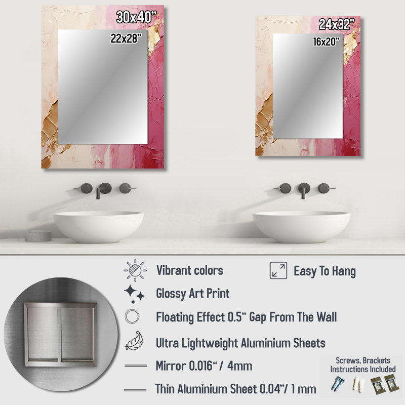 Pink Gold Minimalism Poteries I - Abstract Spirals Decorative Mirror, Pink Large Wall Mirror, Printed Metal Art, 40" x 30"