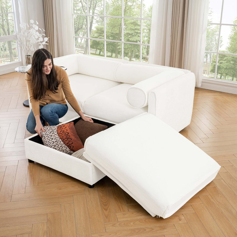 Canapé-lit rembourré avec repose-pieds, Chenille blanche, H 27,9 po x l 75,5 po x P 37,4 po