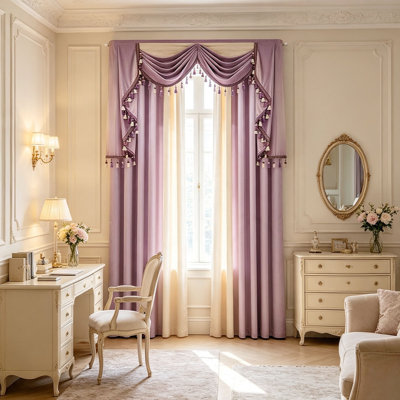 Ensemble de rideaux à œillets en velours vintage européen, 2 panneaux + cantonnière décorative à pompons, rideaux de luxe jusqu'au sol pour salon ou chambre.
