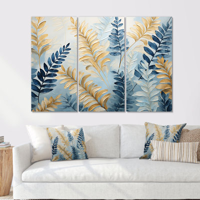 «Blue and Golden Ferns Breeze Symphony II», ensemble d'impressions d'art mural fougères