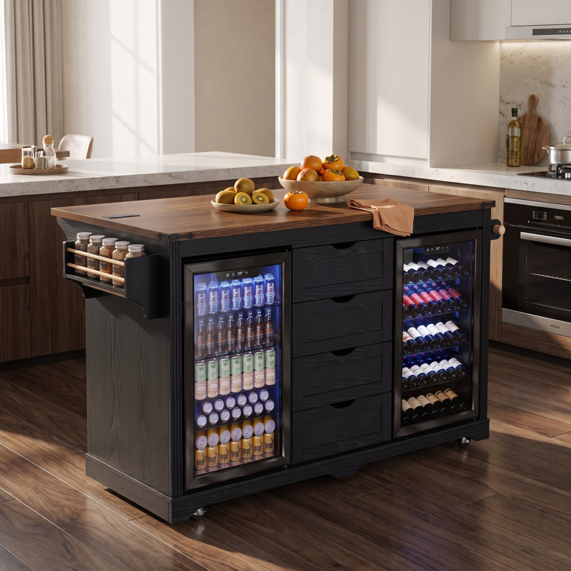 Îlot de cuisine à roulettes noir de style ferme de 72 pouces avec emplacement pour réfrigérateur et prise électrique, Noir