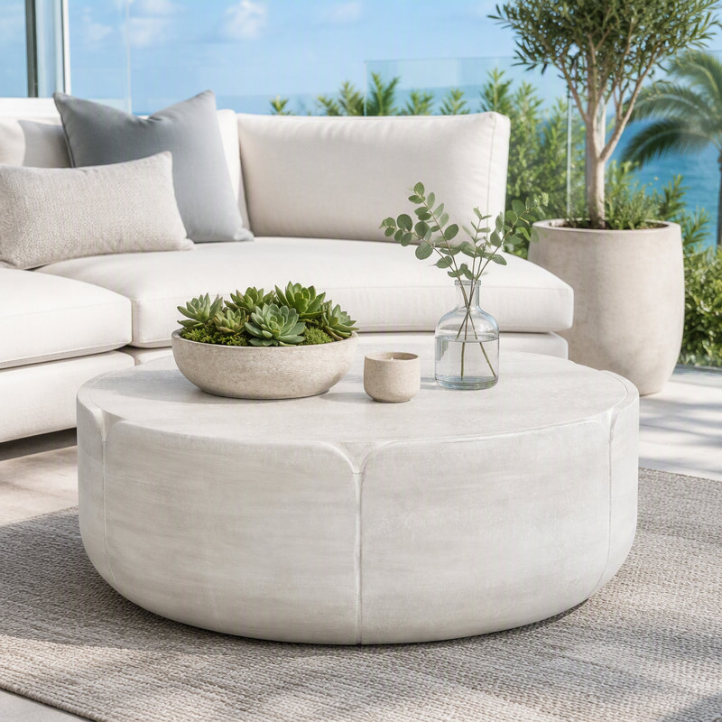 Table basse d'intérieur ronde 35,63 ", table basse centrale à grain de bois moderne, table robuste MGO imperméable et sans assemblage pour patio, jardin, cour