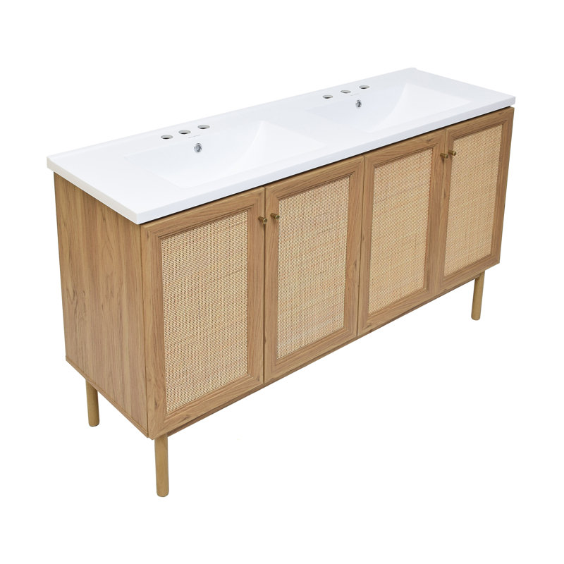 Meuble-lavabo autoportant de 60 po en chêne doré Classe avec dessus de lavabo double à 3 trous Class, 3, Blanc