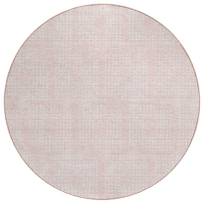 8' Pink And Ivory Round Geometric Washable Indoor Outdoor Area Rug