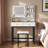 Makeup Vanity With Led Lighted Mirror, 360° Rotatable Mirror, 2 Drawers, Power Outlet, 3-tier Shelves, Amber Glass Table Top, Sturdy Metal Legs And Stool
