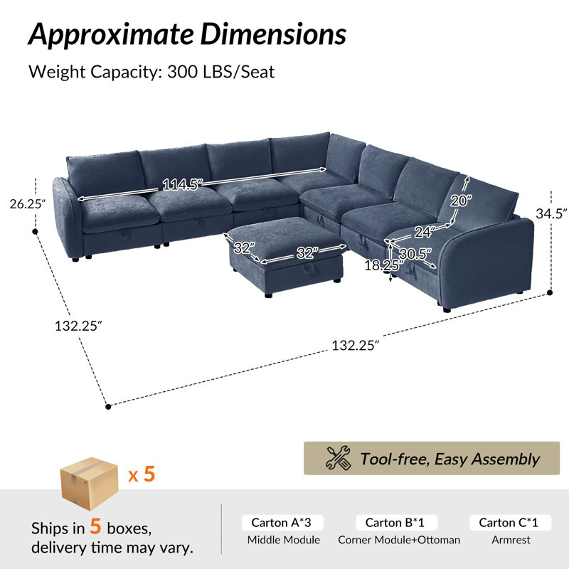Terencio Modern Modular Storage Sectional Sofa With Hassle-Free Assembly, Navy