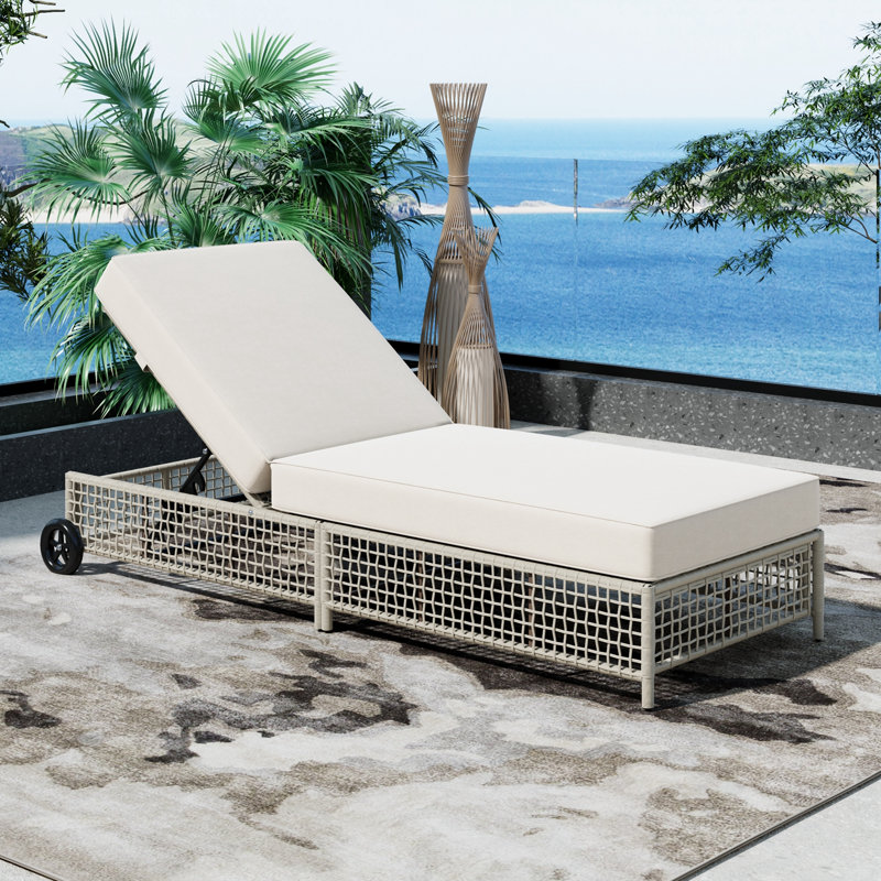 Chaise longue d'extérieur avec coussin et roulettes, Blanc crémeux