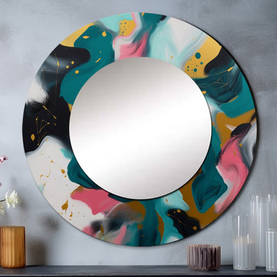 Turquoise And Pink Abstract Serenity I - Abstract Turquoise Large Round Mirror