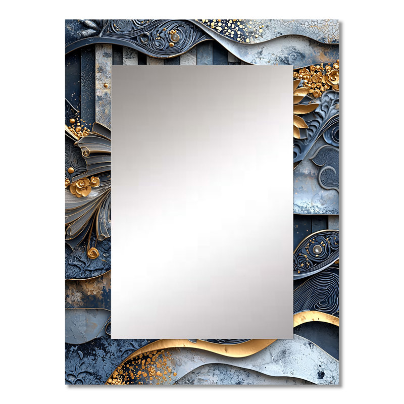 «Blue and Grey Coastal Abstract Tiles III» - miroir abstrait, miroir mural doré unique, impression sur métal, 32 po x 24 po