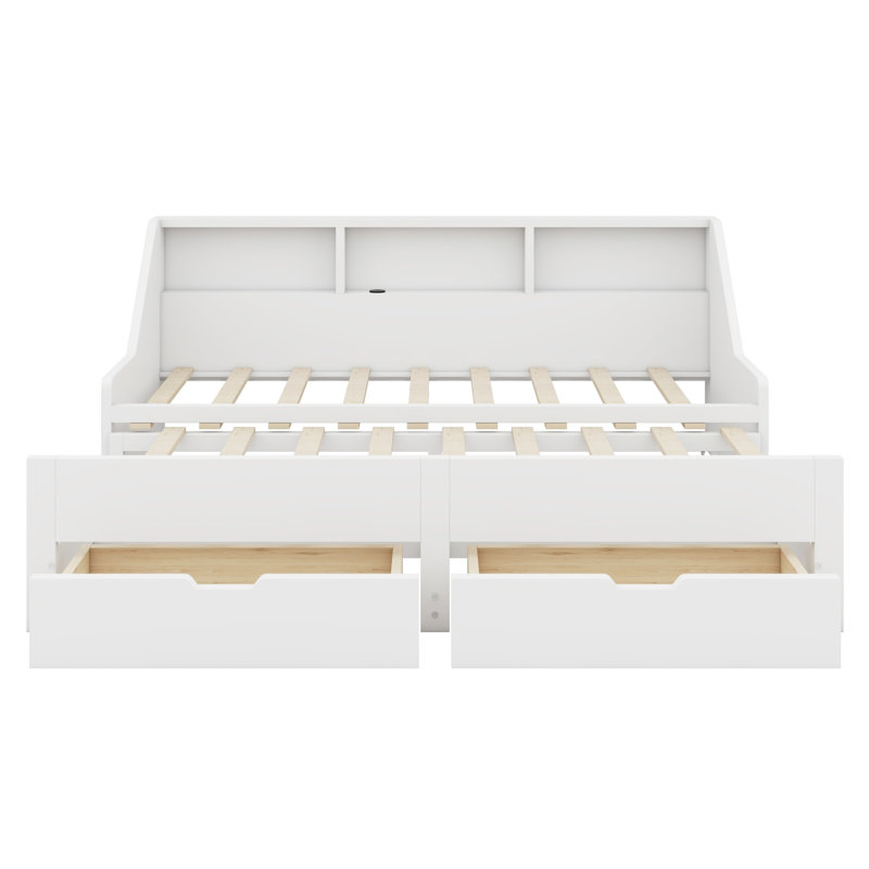 Daybed Frame With Storage Bookcases And Two Drawers,Charging Design, White