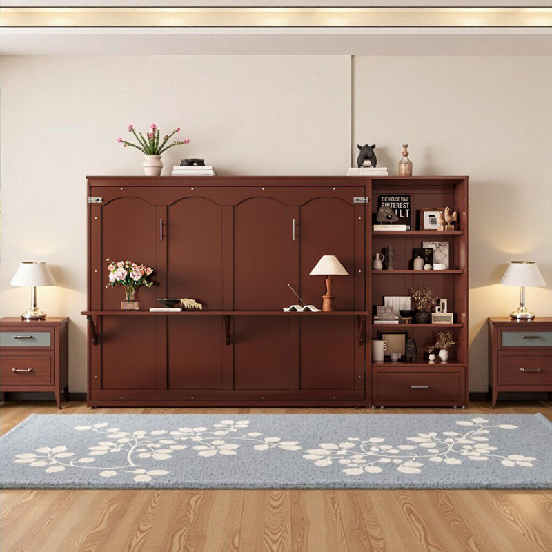 Grand lit escamotable élégant avec compartiments de rangement et tablette réglables, Noyer