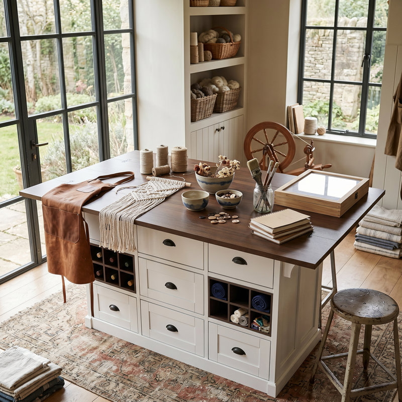 Table de ferme extensible avec tiroirs de rangement, casiers à vin et espace de travail pliable pour la couture, l'artisanat et les projets domestiques