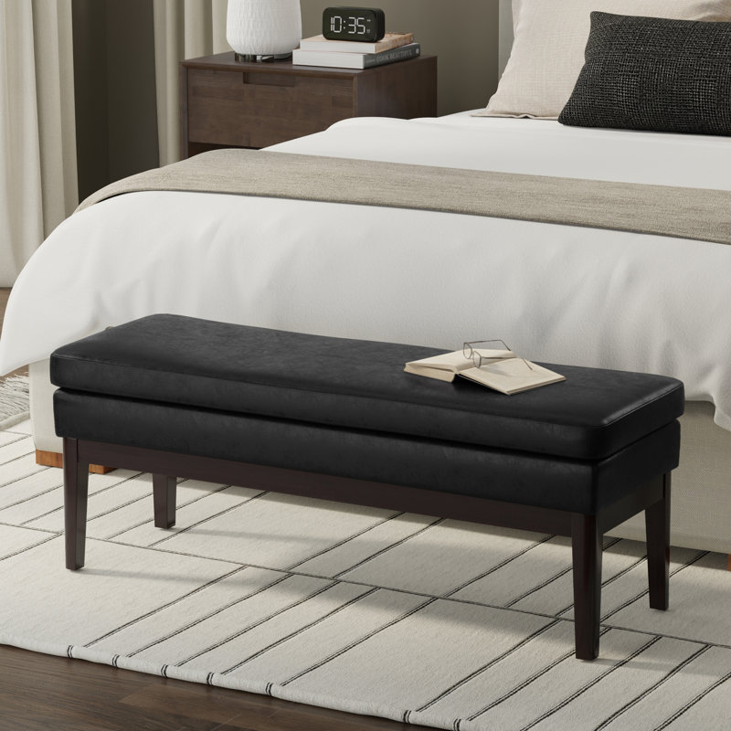 Carlson Mid-Century Ottoman Bench with Upholstered Seat, Black, 17.4'' H x 44.7'' W x 15.4'' D