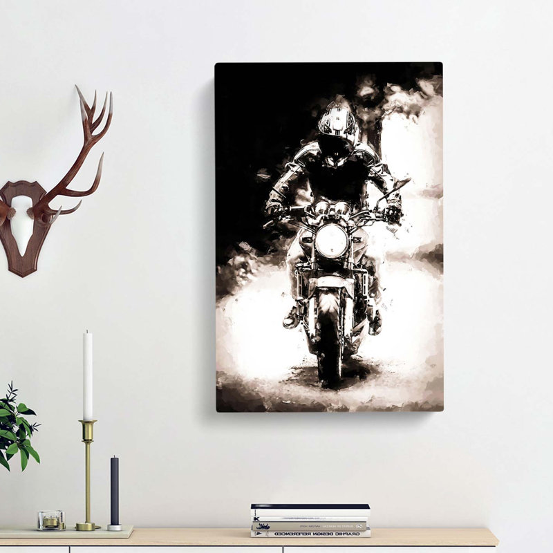 Motorbike Rider in Sepia in Abstract - Wrapped Canvas Painting Print, 76cm H x 50cm W x 3cm D