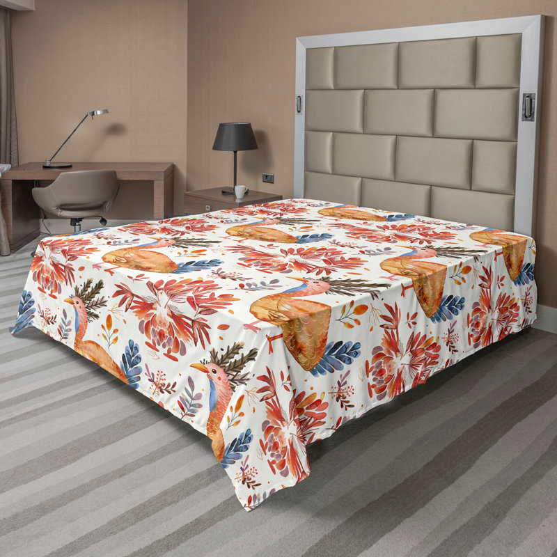 Drap plat moderne de style bohème Ambesonne, Full Flat Sheet, Bleu / gris / orange / motif floral corail