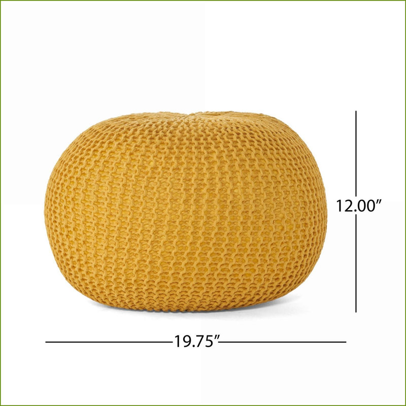 Ottoman | Knitted Cotton Round Pouf for Living Room &amp; Bedroom | Lemon Yellow | Cotton, Yellow