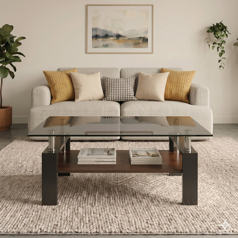 Table basse en verre pour le salon, table basse rectangulaire moderne avec tablette de rangement, table centrale Mid-Century à 2 niveaux avec pieds en métal