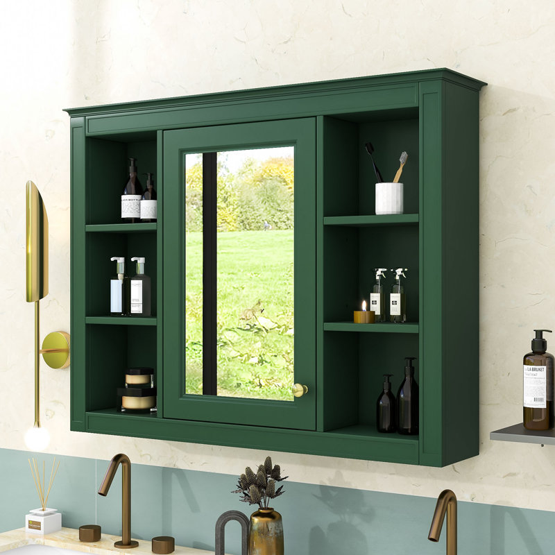 Eversole Wall-Mounted Bathroom Medicine Cabinet with Mirror and Concealed Storage, Green