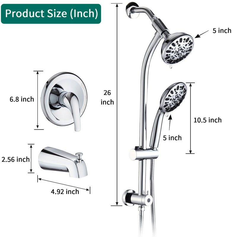 Douche avec barre en acier inoxydable de 26 po et tête double à 7 modes, barre coulissante murale, 7 jets -