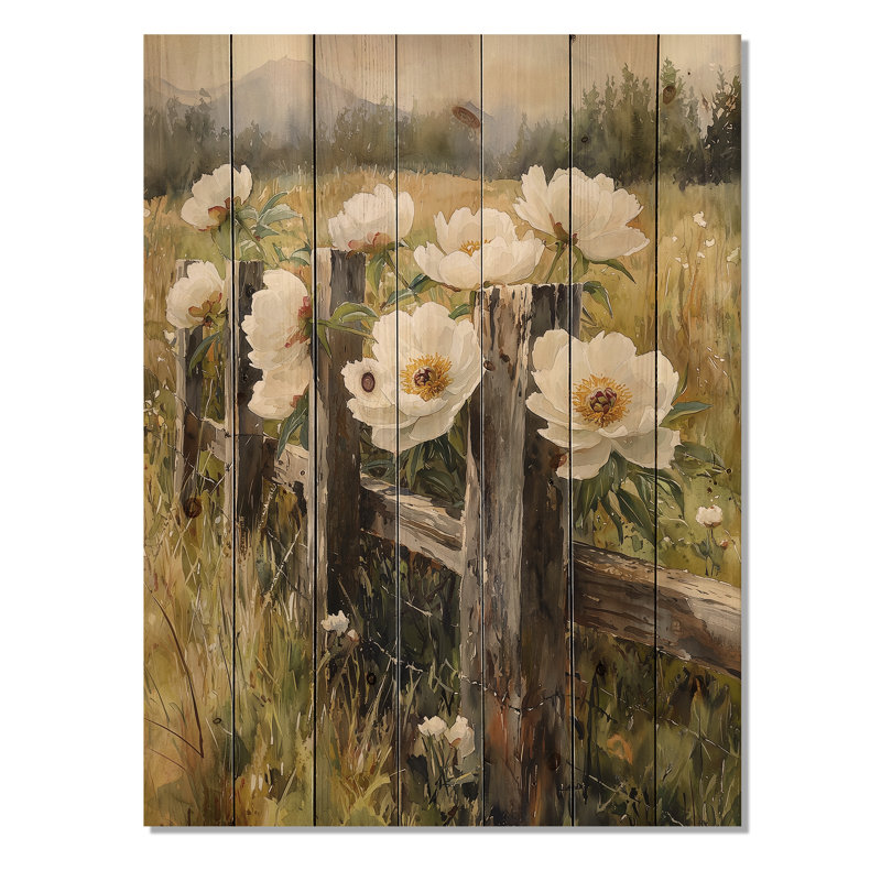 Pivoines dans la clôture pastorale I - reproduction de bois de pivoines - sur bois de pin naturel